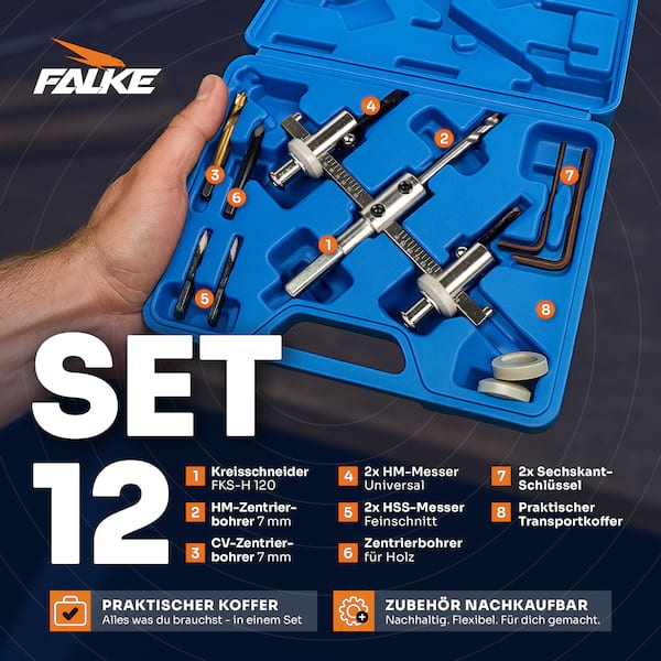 Falke Kreisschneider FKS-H 120 - Universal für Holz, Kunststoff, Gipskarton | Durchmesser stufenlos einstellbar (40-120 mm) - Verstellbare Lochsäge